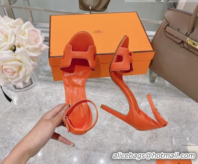 Discount Hermes Premiere Grained Leather Heel 10.5cm Sandals 070211 Orange