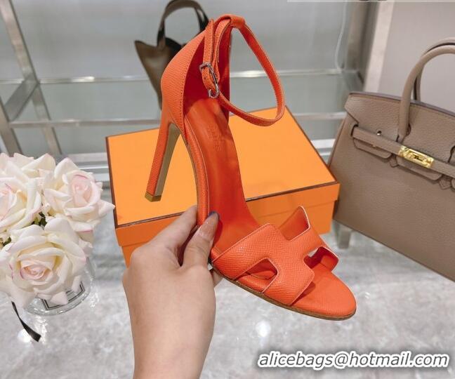 Discount Hermes Premiere Grained Leather Heel 10.5cm Sandals 070211 Orange