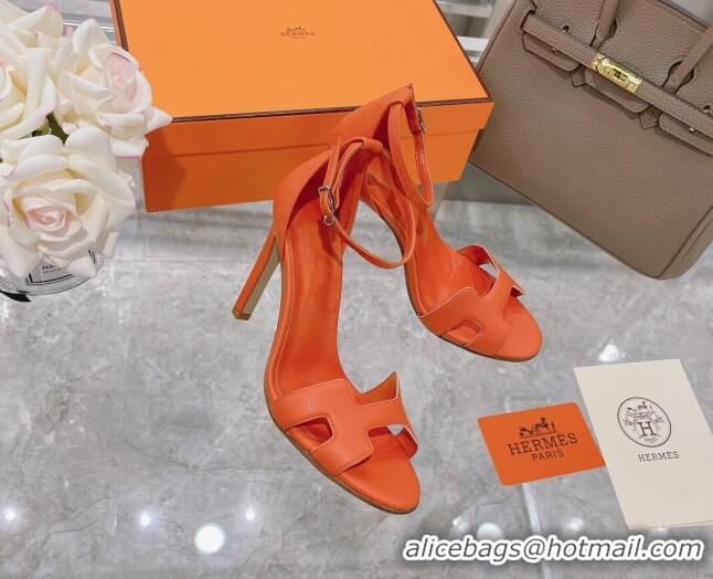 Discount Hermes Premiere Grained Leather Heel 10.5cm Sandals 070211 Orange