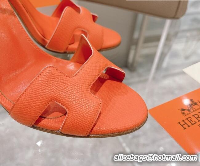 Discount Hermes Premiere Grained Leather Heel 10.5cm Sandals 070211 Orange