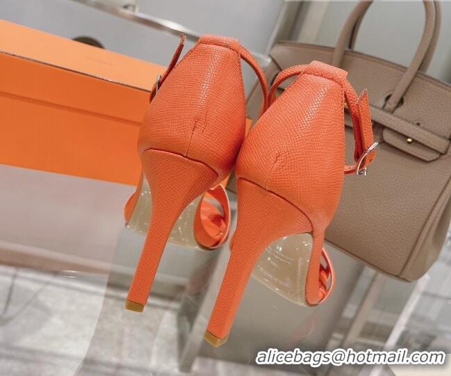 Discount Hermes Premiere Grained Leather Heel 10.5cm Sandals 070211 Orange