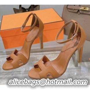 Best Price Hermes Premiere Grained Leather Heel 10.5cm Sandals 070211 Brown