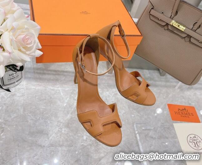 Best Price Hermes Premiere Grained Leather Heel 10.5cm Sandals 070211 Brown