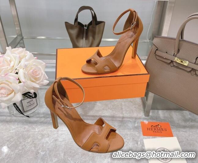 Best Price Hermes Premiere Grained Leather Heel 10.5cm Sandals 070211 Brown