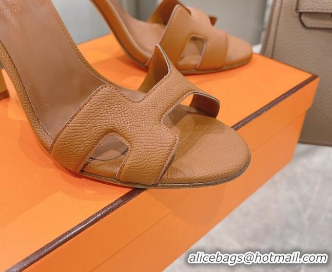 Best Price Hermes Premiere Grained Leather Heel 10.5cm Sandals 070211 Brown