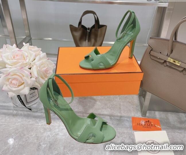 AAAAA Hermes Premiere Grained Leather Heel 10.5cm Sandals 070211 Green