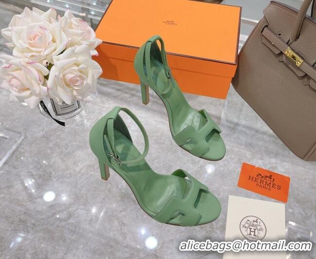 AAAAA Hermes Premiere Grained Leather Heel 10.5cm Sandals 070211 Green