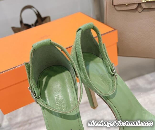 AAAAA Hermes Premiere Grained Leather Heel 10.5cm Sandals 070211 Green