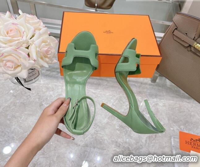 AAAAA Hermes Premiere Grained Leather Heel 10.5cm Sandals 070211 Green