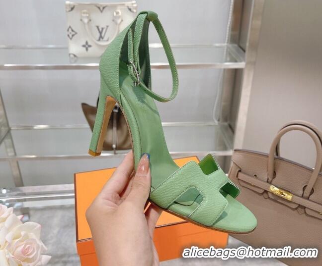 AAAAA Hermes Premiere Grained Leather Heel 10.5cm Sandals 070211 Green