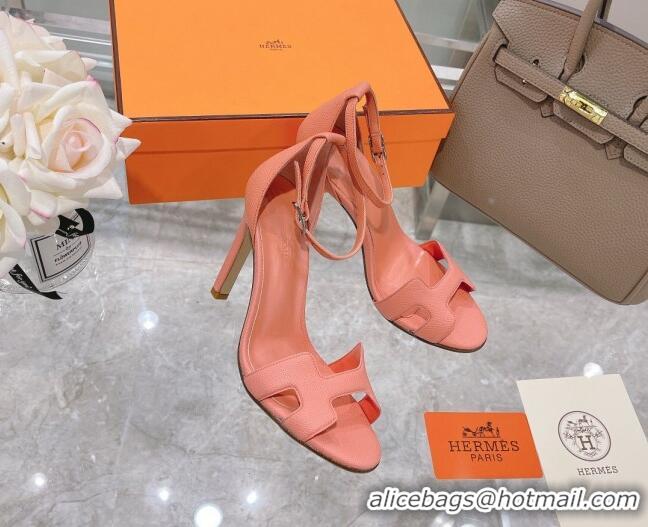 Good Quality Hermes Premiere Grained Leather Heel 10.5cm Sandals 070211 Pink