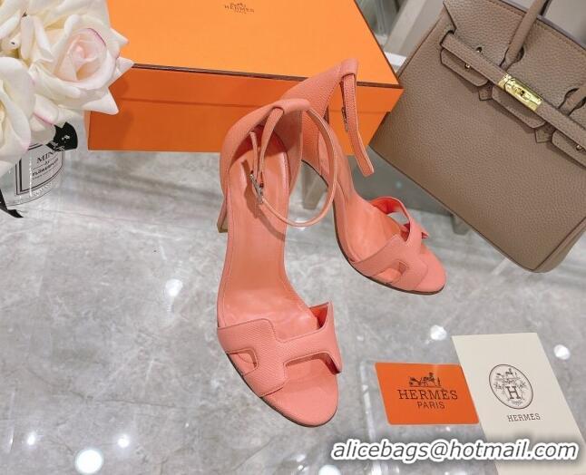 Good Quality Hermes Premiere Grained Leather Heel 10.5cm Sandals 070211 Pink