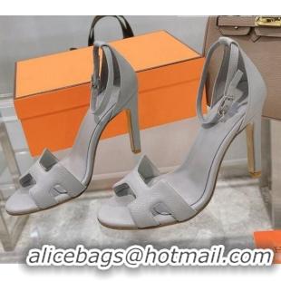 Affordable Price Hermes Premiere Grained Leather Heel 10.5cm Sandals 070211 Light Grey