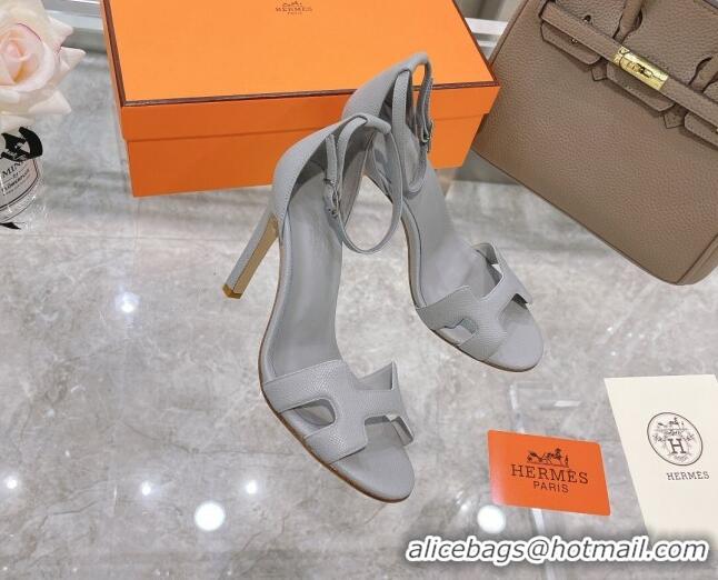 Affordable Price Hermes Premiere Grained Leather Heel 10.5cm Sandals 070211 Light Grey