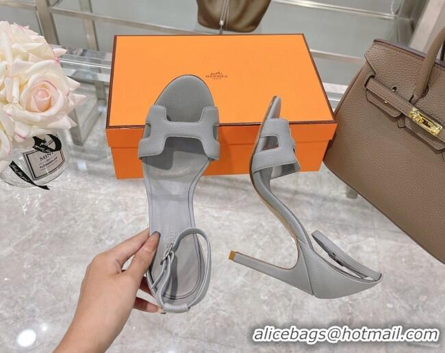 Affordable Price Hermes Premiere Grained Leather Heel 10.5cm Sandals 070211 Light Grey