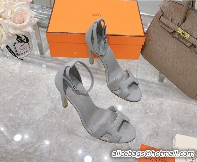 Affordable Price Hermes Premiere Grained Leather Heel 10.5cm Sandals 070211 Light Grey