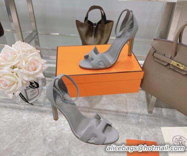 Affordable Price Hermes Premiere Grained Leather Heel 10.5cm Sandals 070211 Light Grey