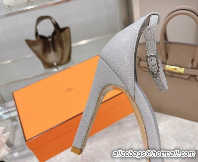 Affordable Price Hermes Premiere Grained Leather Heel 10.5cm Sandals 070211 Light Grey