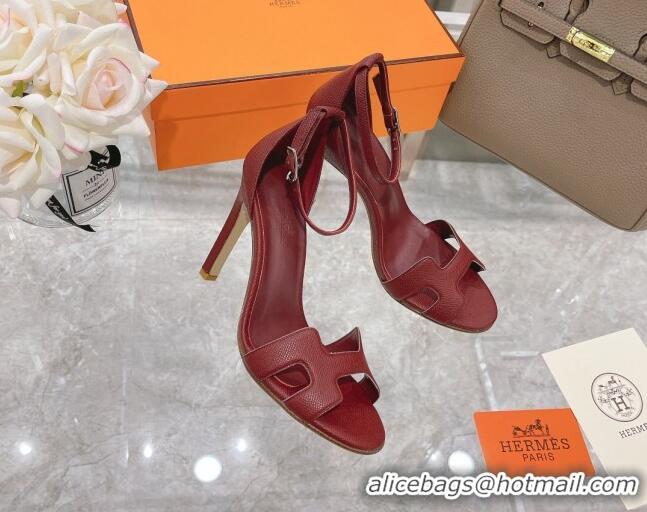 Perfect Hermes Premiere Grained Leather Heel 10.5cm Sandals 070211 Burgundy