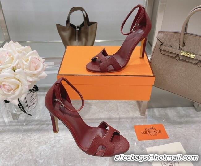 Perfect Hermes Premiere Grained Leather Heel 10.5cm Sandals 070211 Burgundy