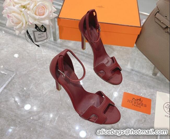 Perfect Hermes Premiere Grained Leather Heel 10.5cm Sandals 070211 Burgundy