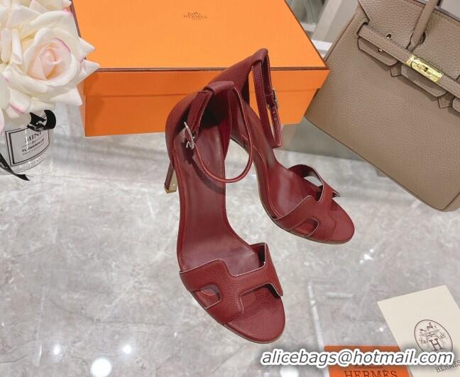 Perfect Hermes Premiere Grained Leather Heel 10.5cm Sandals 070211 Burgundy