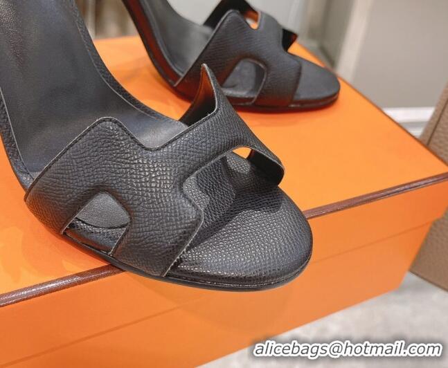 Most Popular Hermes Premiere Grained Leather Heel 10.5cm Sandals 070211 Black