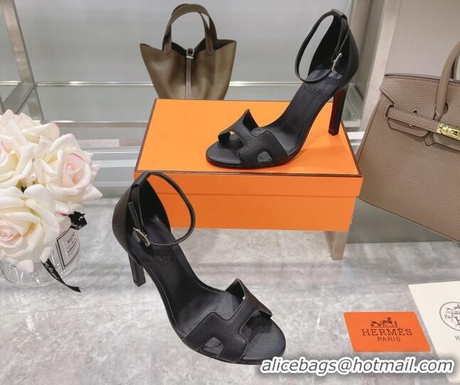 Most Popular Hermes Premiere Grained Leather Heel 10.5cm Sandals 070211 Black