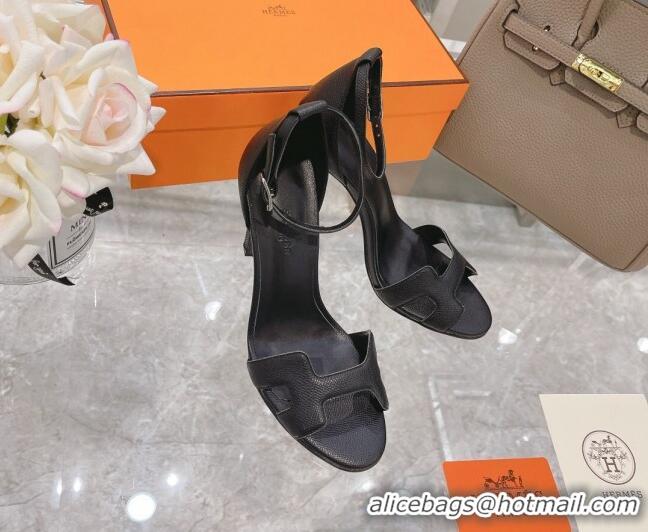 Most Popular Hermes Premiere Grained Leather Heel 10.5cm Sandals 070211 Black