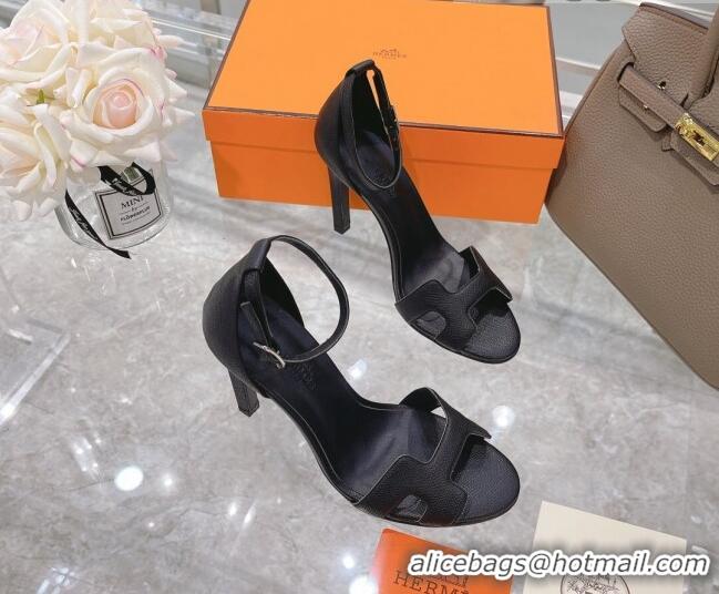 Most Popular Hermes Premiere Grained Leather Heel 10.5cm Sandals 070211 Black