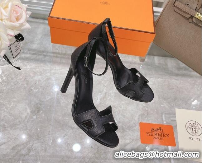 Most Popular Hermes Premiere Grained Leather Heel 10.5cm Sandals 070211 Black