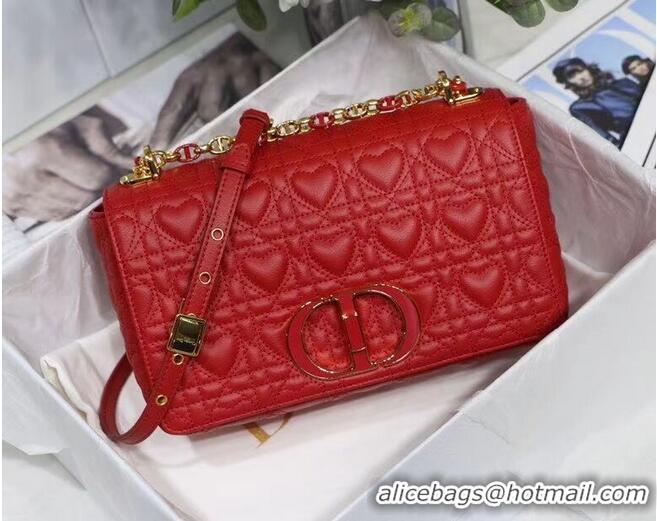 Classic Grade MEDIUM DIORAMOUR DIOR CARO BAG Cannage Calfskin with Heart Motif M9242WNG Bright Red