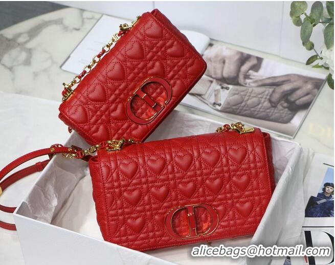 Discount SMALL DIORAMOUR DIOR CARO BAG Cannage Calfskin with Heart Motif M9241WN RED