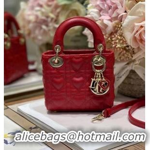 Classic Grade MICRO DIORAMOUR LADY DIOR BAG Bright Red Cannage Lambskin with Heart Motif S0856ON