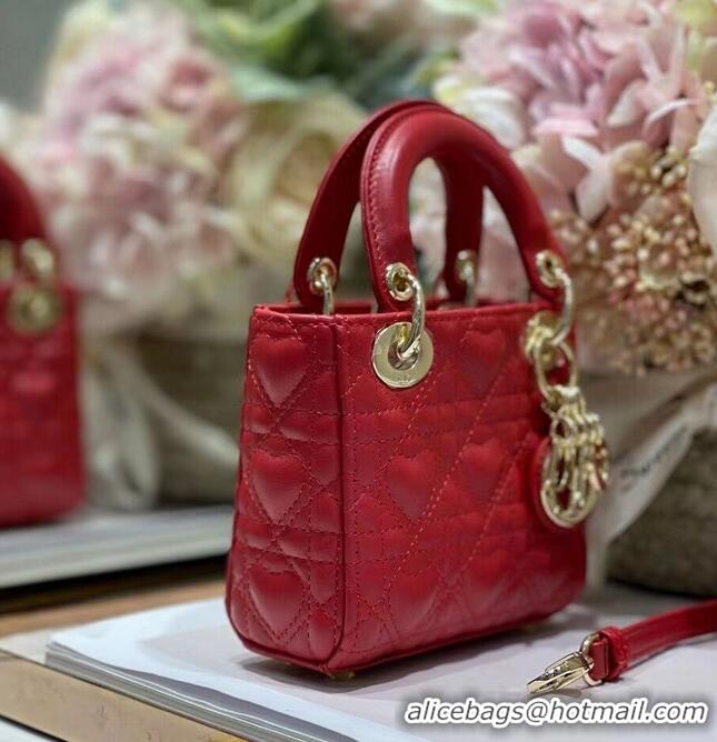 Classic Grade MICRO DIORAMOUR LADY DIOR BAG Bright Red Cannage Lambskin with Heart Motif S0856ON