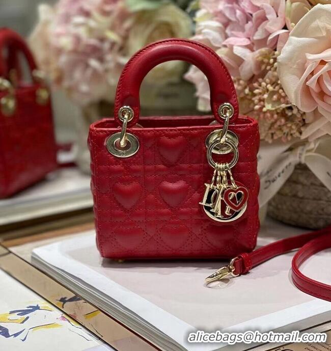 Classic Grade MICRO DIORAMOUR LADY DIOR BAG Bright Red Cannage Lambskin with Heart Motif S0856ON