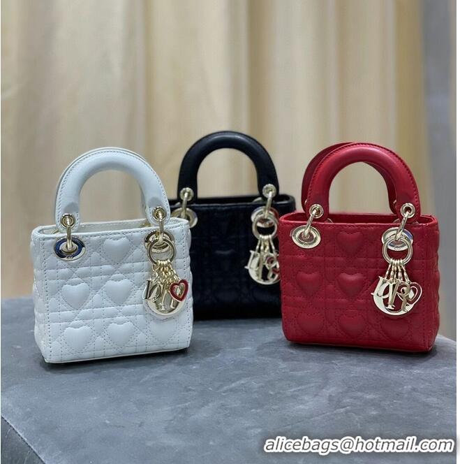 Classic Grade MICRO DIORAMOUR LADY DIOR BAG Bright Red Cannage Lambskin with Heart Motif S0856ON