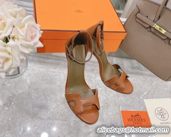 Good Product Hermes Premiere Grained Leather Heel 10.5cm Sandals 070211 Brown