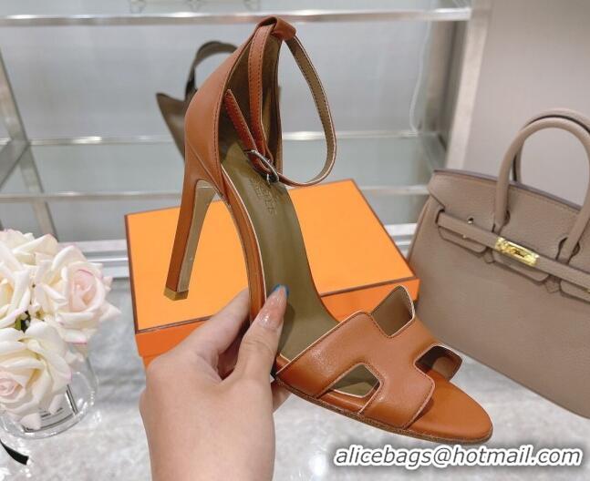 Good Product Hermes Premiere Grained Leather Heel 10.5cm Sandals 070211 Brown