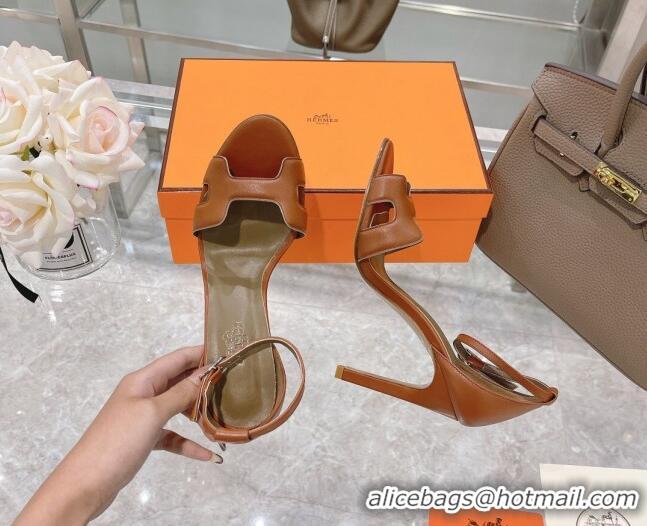 Good Product Hermes Premiere Grained Leather Heel 10.5cm Sandals 070211 Brown