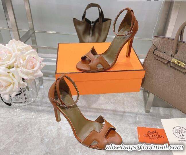 Good Product Hermes Premiere Grained Leather Heel 10.5cm Sandals 070211 Brown