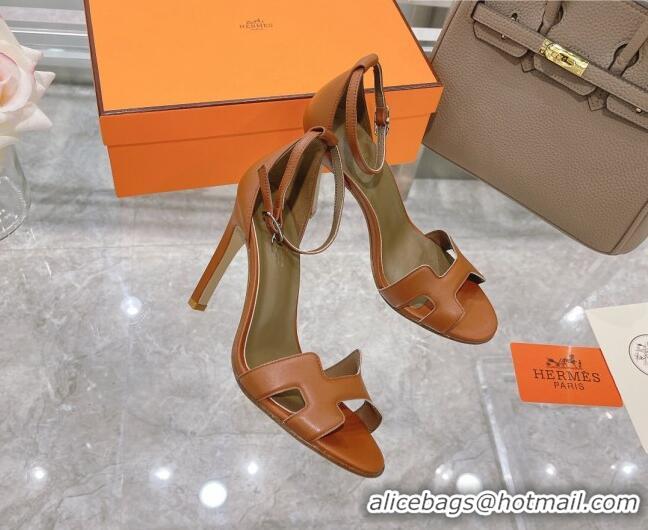 Good Product Hermes Premiere Grained Leather Heel 10.5cm Sandals 070211 Brown