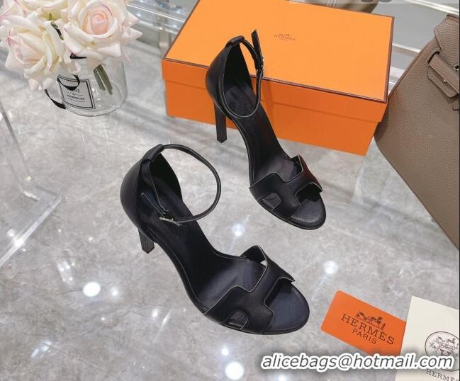 Best Price Hermes Premiere Smooth Leather Heel 10.5cm Sandals 070211 Black