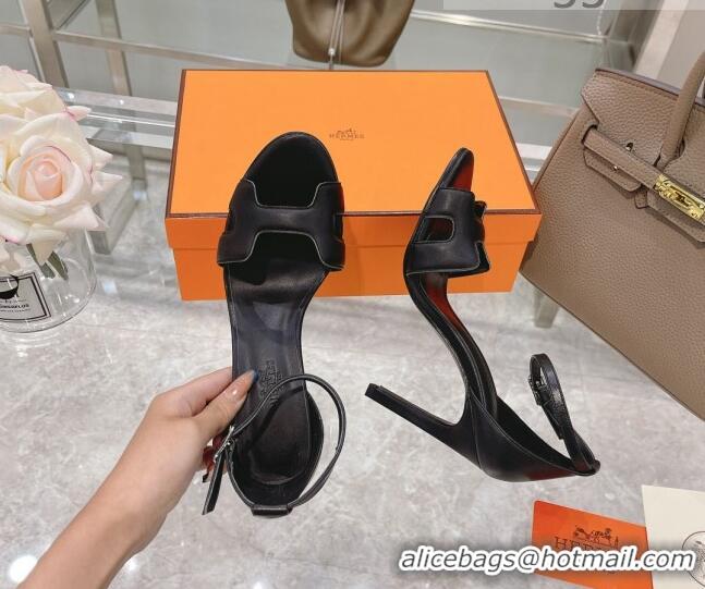 Best Price Hermes Premiere Smooth Leather Heel 10.5cm Sandals 070211 Black