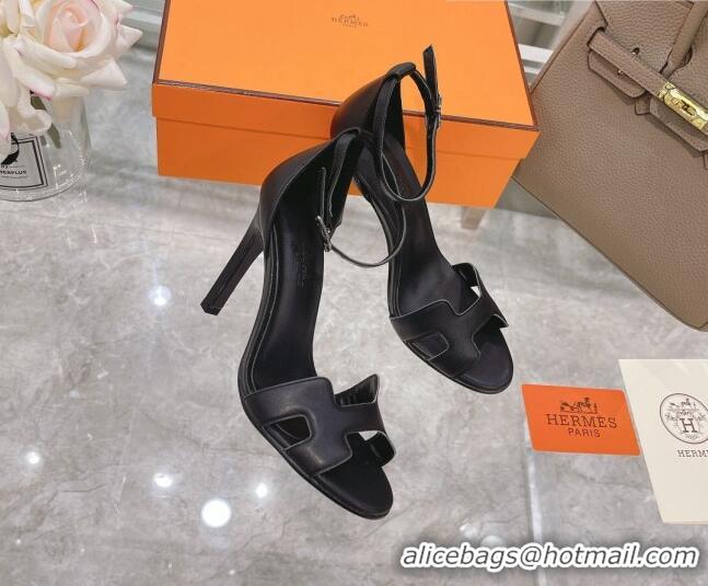 Best Price Hermes Premiere Smooth Leather Heel 10.5cm Sandals 070211 Black