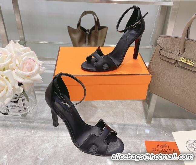 Best Price Hermes Premiere Smooth Leather Heel 10.5cm Sandals 070211 Black