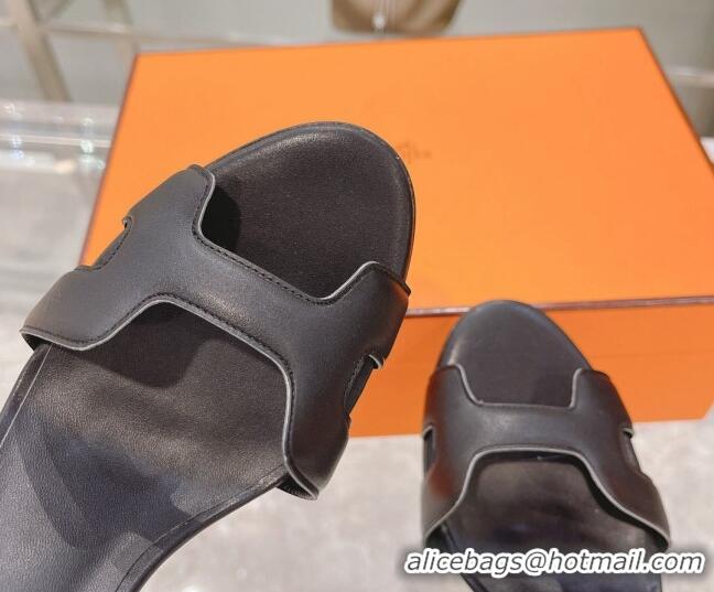 Best Price Hermes Premiere Smooth Leather Heel 10.5cm Sandals 070211 Black