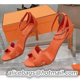 Grade Hermes Premiere Grained Leather Heel 9cm Sandals 070223 Orange