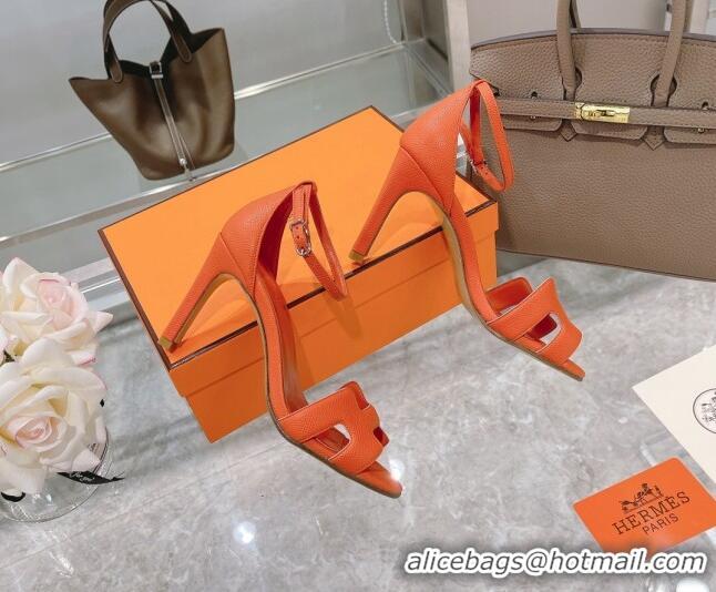 Grade Hermes Premiere Grained Leather Heel 9cm Sandals 070223 Orange