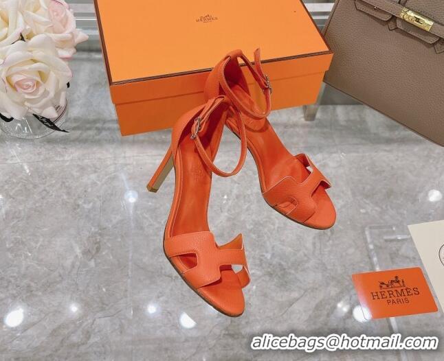 Grade Hermes Premiere Grained Leather Heel 9cm Sandals 070223 Orange